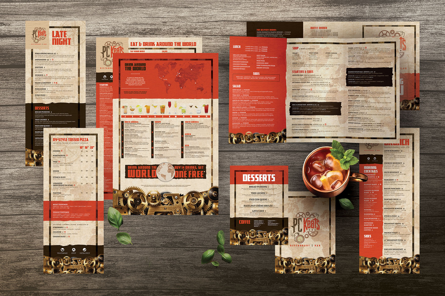 PC Keats menus, showing the main, late night, dessert brunch, and catering menus