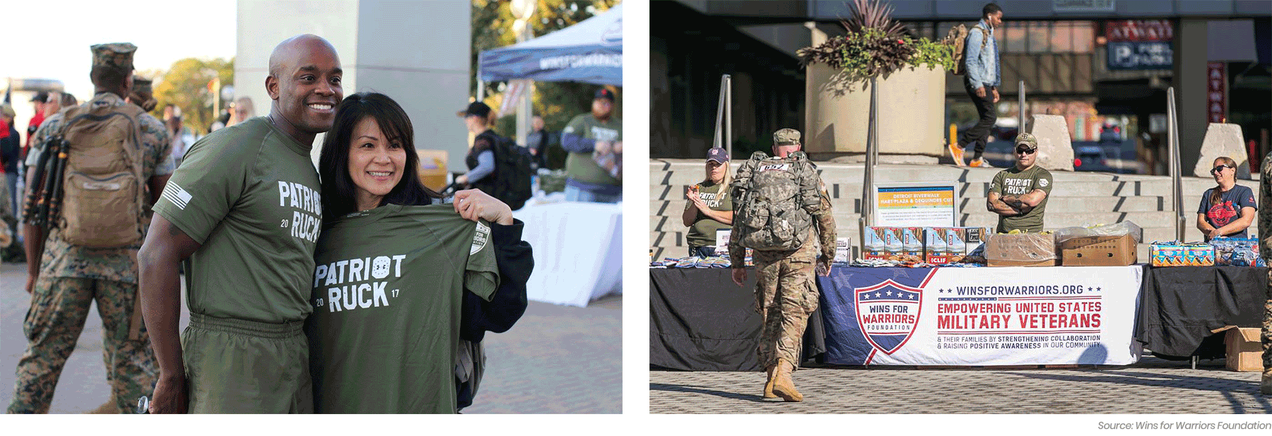 Event photography, two attendees holding shirts and veterans at a branded booth